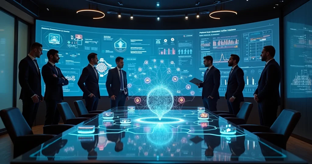 Executivos analisando mapa digital de canais integrados em grande tela futurista