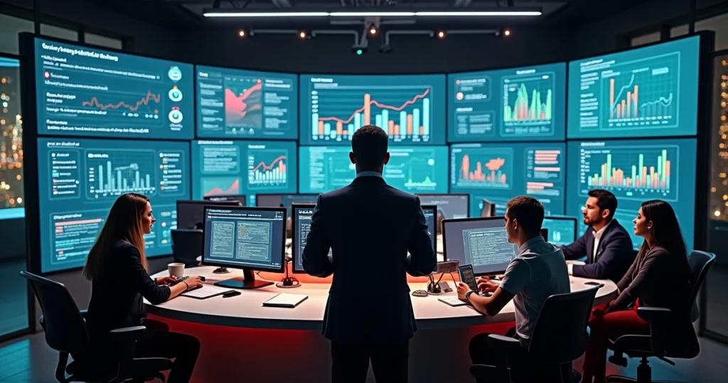 Líder monitorando crise digital em sala de controle com telas de redes sociais