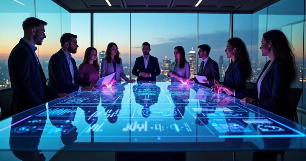 Executivos analisando painel digital com inteligência artificial em estratégia B2B