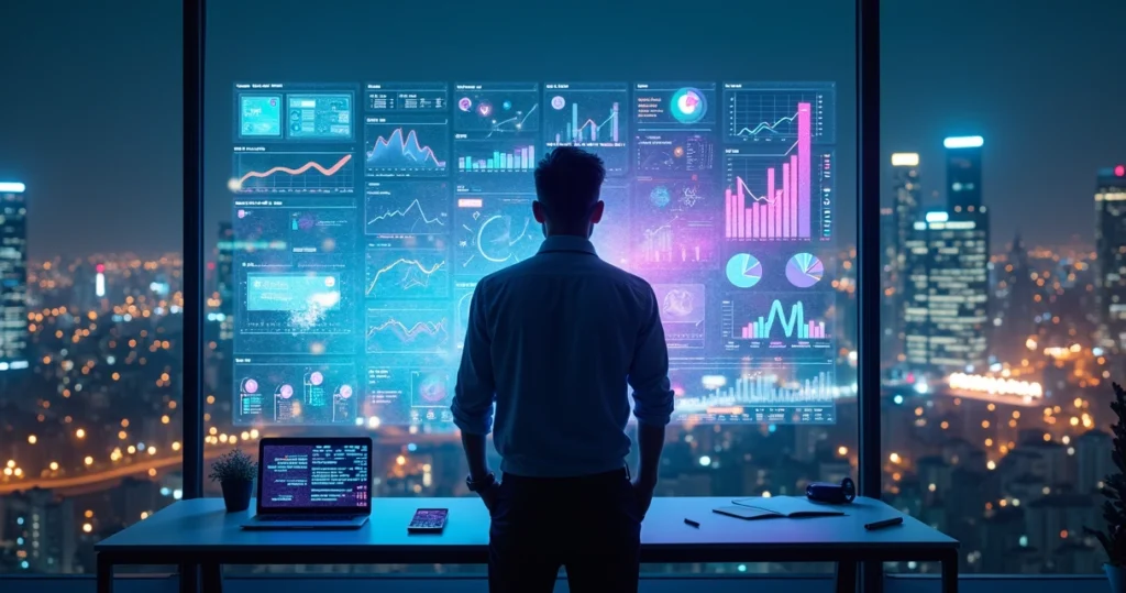 Executivo analisando painel digital com dados e gráficos coloridos