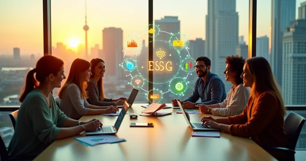 Equipe de marketing reunida em mesa com ícones de ESG e causas sociais em destaque