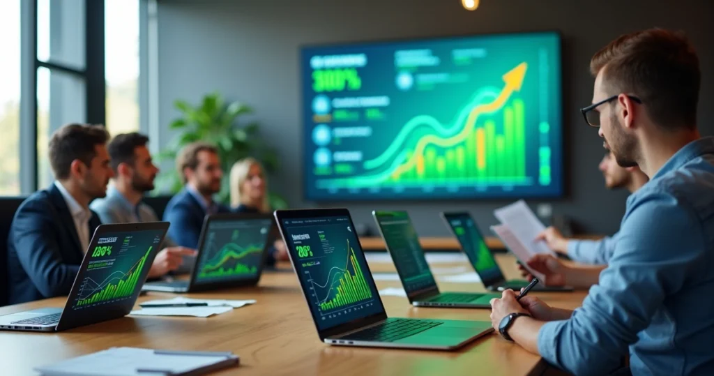 Equipe de marketing analisando retorno de mídia paga em telas com gráficos de desempenho