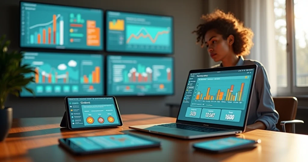 Profissional analisa gráficos de ROI de conteúdo em vários dispositivos na mesa