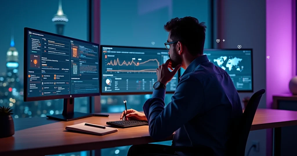 Gestor analisando painel digital com alertas de risco em SEO técnico