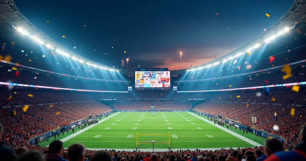 Estádio lotado do Super Bowl com telão exibindo comerciais e logos de marcas famosas