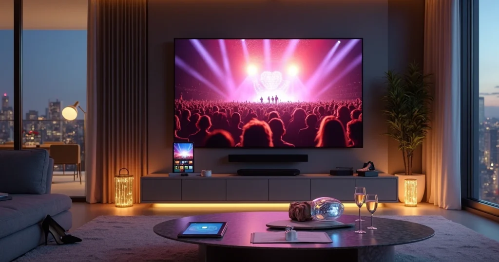 Sala moderna com várias telas exibindo TV aberta, streaming e marcas de luxo