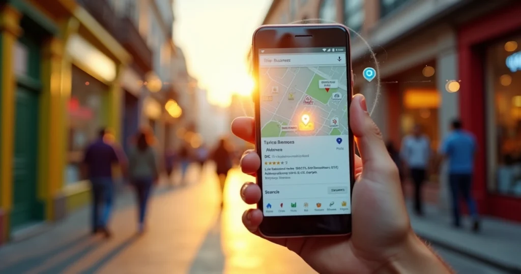 Pessoa pesquisando no celular em frente a loja de rua com pins de mapa digitais