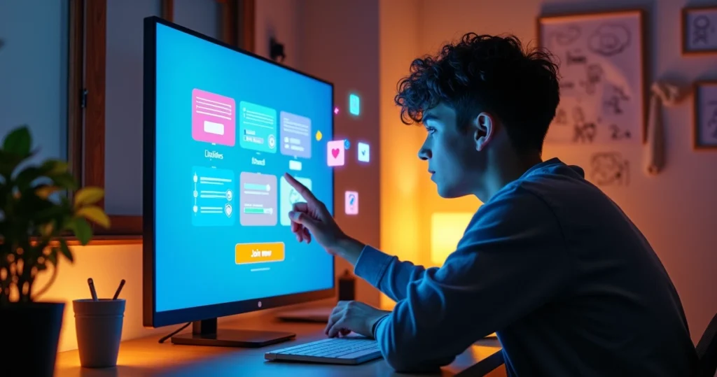 Usuária interagindo com painel digital colorido cheio de enquetes, quizzes e chamadas para ação