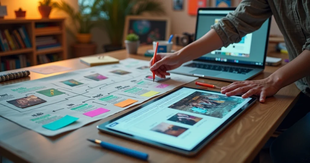Designer organizando elementos visuais em narrativa num painel colorido