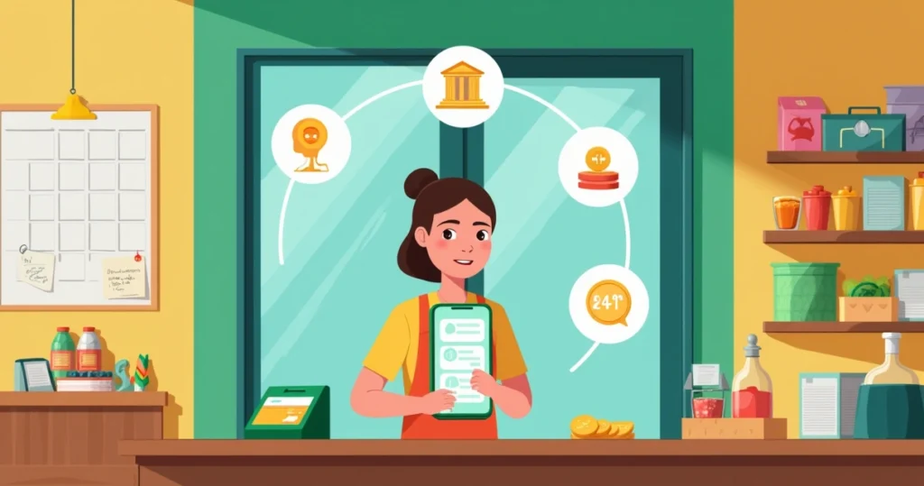 Dono de lojinha usando app financeiro com ícones de serviços ao redor