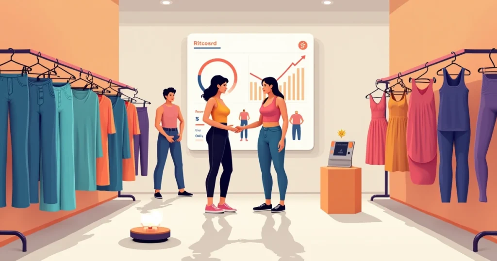 Ilustração de vitrine de loja de roupas com foco em moda fitness e mudança de tamanhos