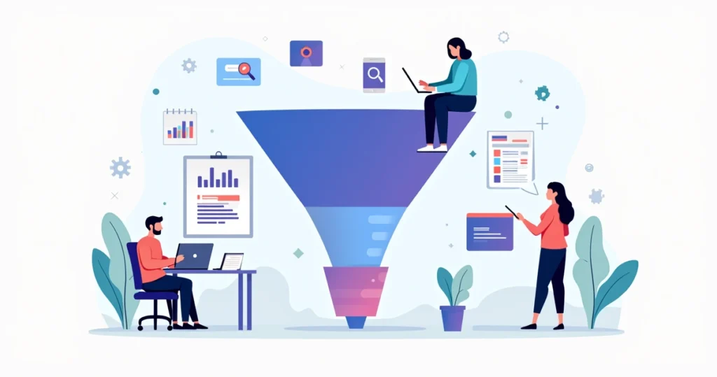 Equipe remota construindo funil de demanda B2B em mural digital