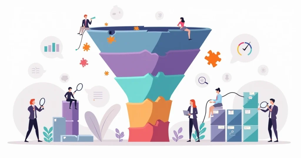 Ilustração de funil de vendas b2B com etapas falhando e leads escapando