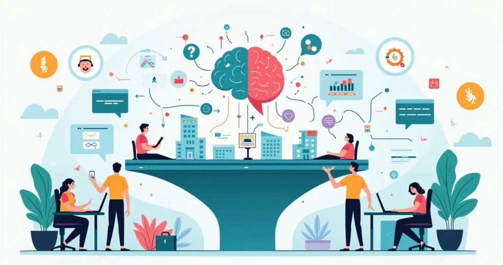 Laboratório digital ilustrado com esteira automatizada processando leads B2B