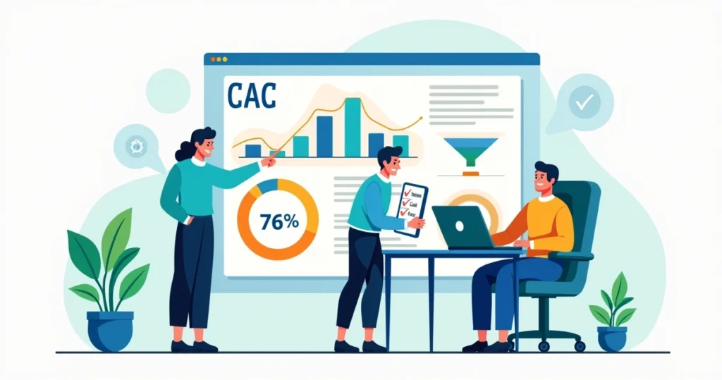 Equipe de PME analisando painel de CAC no marketing B2B com gráficos coloridos