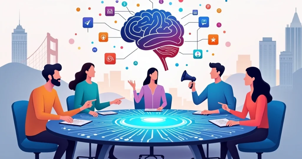 Mesa redonda conectando pessoas e inteligência artificial em cenário inspirado no Vale do Silício